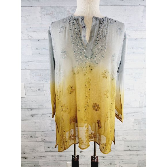 Unknown Tops - Dip Dyed Sheer Embroidered Embellished Tunic Measures Medium